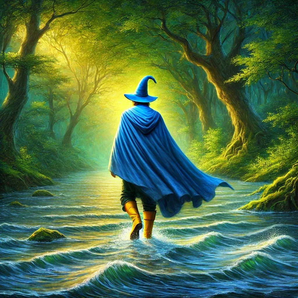 DALL·E 2025-03-16 15.30.17 - An extremely high-resolution, breathtaking oil painting of a mysterious traveler wading through a gently flowing river in an enchanted forest. The tra.webp