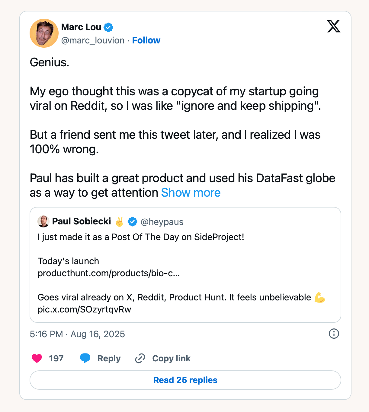 Tweet by Marc Lou about DataFast globe