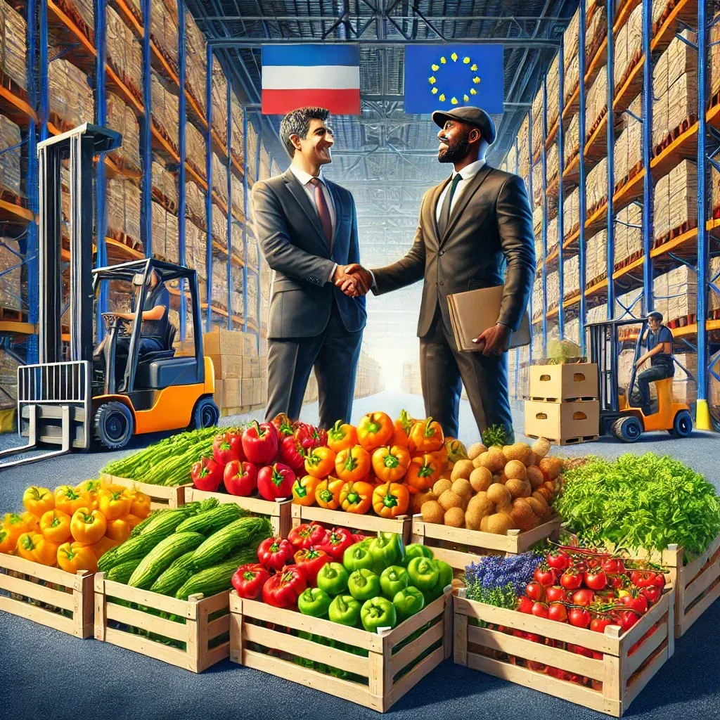 DALL·E 2024-10-22 20.50.12 - A high-resolution image depicting European partners importing high-quality fruits and vegetables from Africa. The scene shows a modern warehouse facil.webp