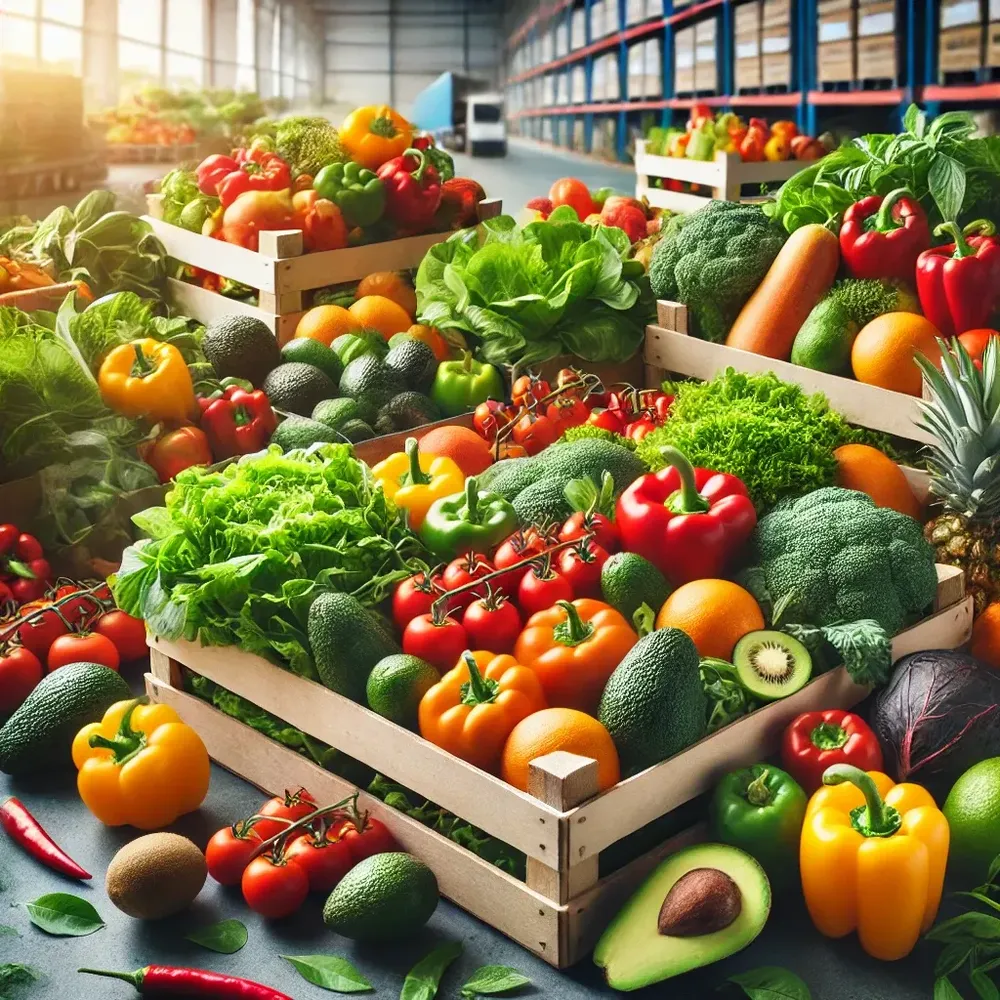 DALL·E 2024-10-22 20.48.44 - A vibrant, high-resolution image of fresh fruits and vegetables prepared for export to Europe. The produce includes colorful bell peppers, leafy green.webp