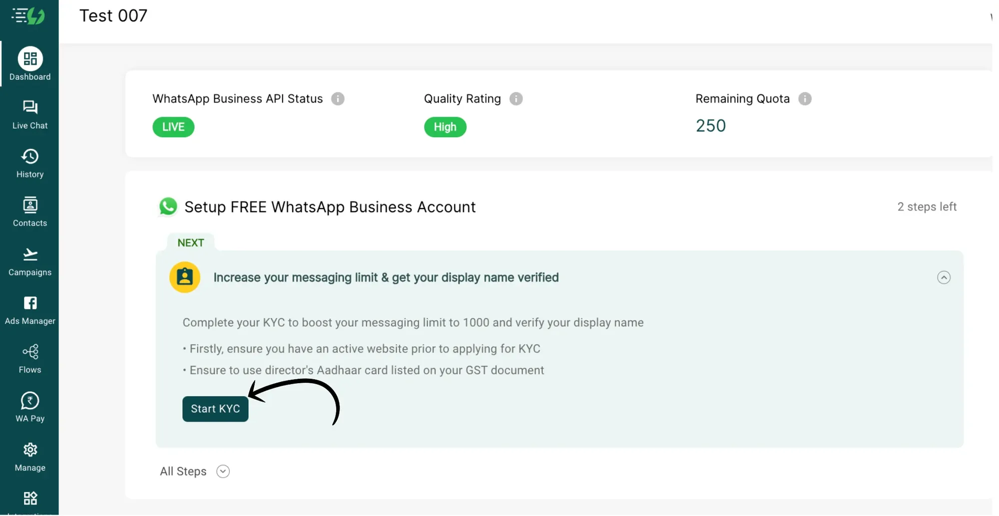 1. Go to your AiSensy Dashboard and tap Start KYC-low.webp