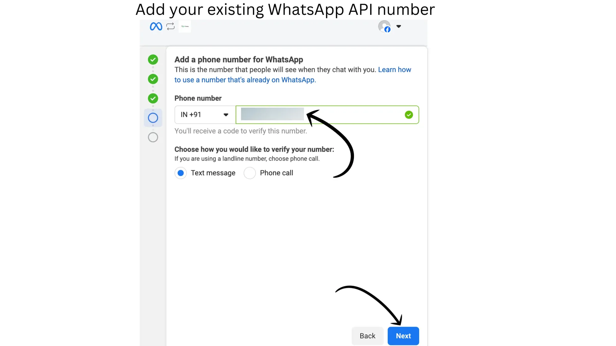 11. Now, add your existing WhatsApp Business API number, select a verification method and tap next2.webp