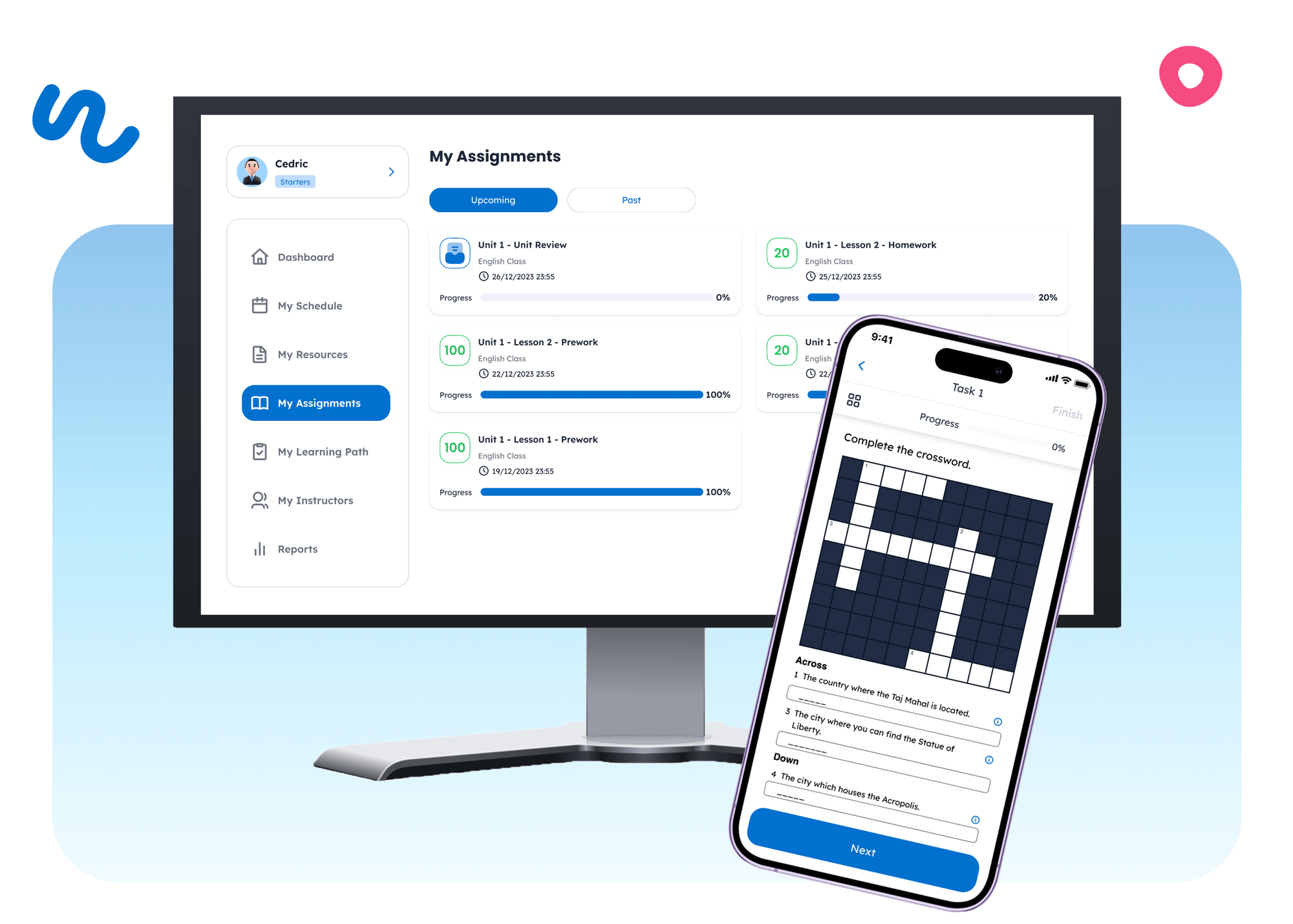 Two devices showing CLMS interface: assignments’ progress on desktop and crossword activity of an assignment on mobile device.