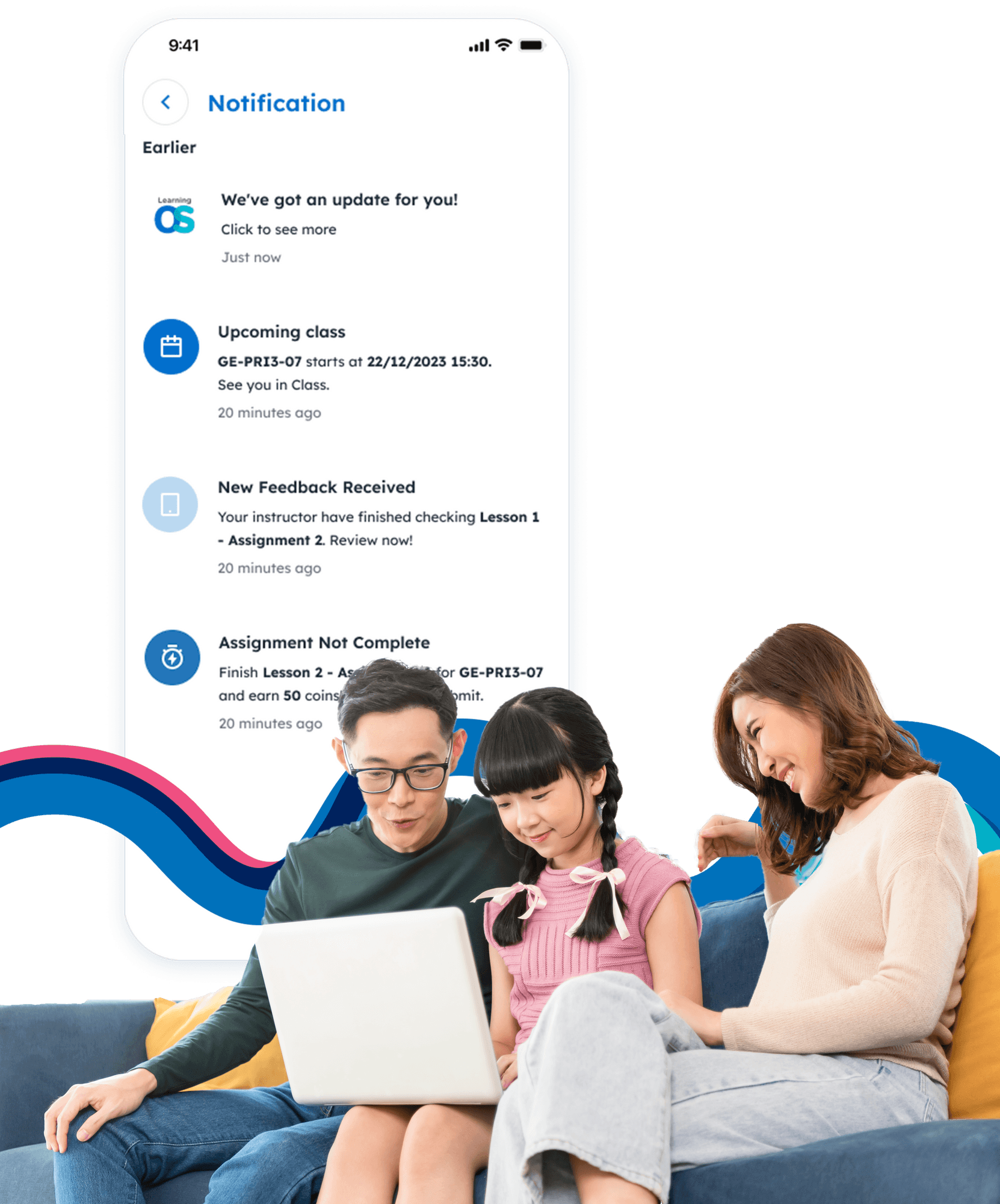 Image displaying custom notifications: updates, scheduled upcoming class, new assignment feedback, and incomplete assignment reminder