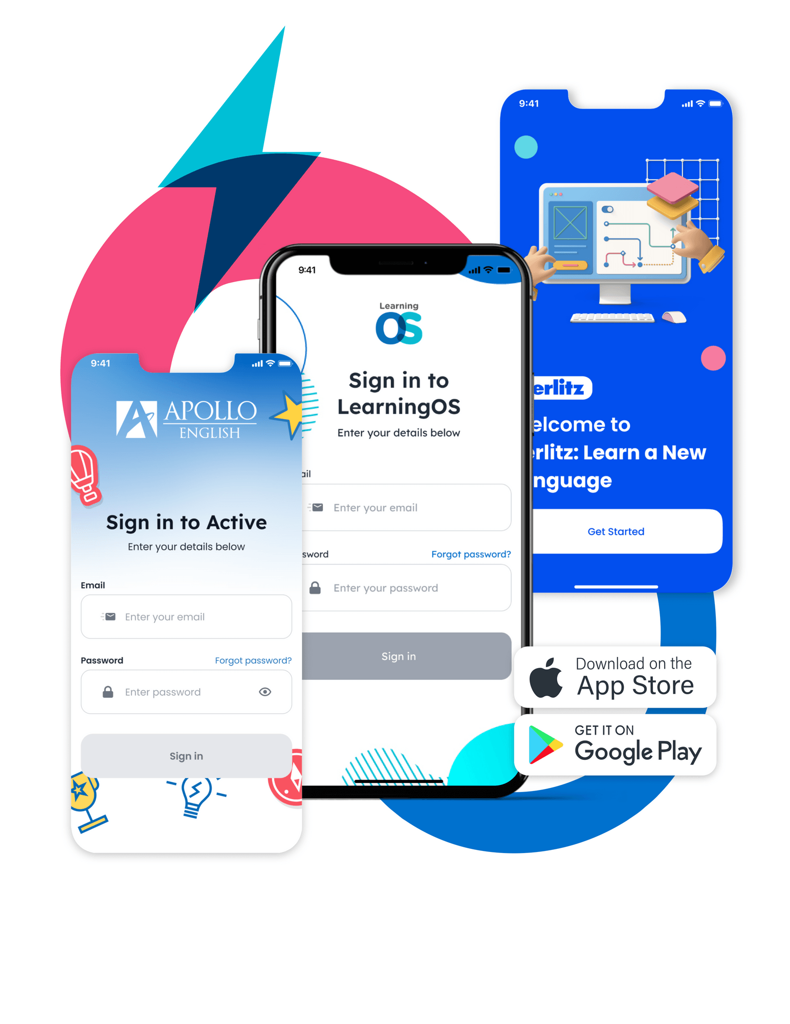 Branded Mobile App montage: Three learner sign-in screens with email, password fields, and 'Get Started Now' button. 
