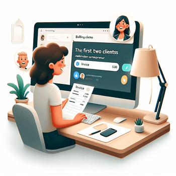 DALL·E 2023-12-07 12.10.04 - A charming and welcoming illustration depicting the process of billing the first two clients for a new independent entrepreneur. The image shows a che.png