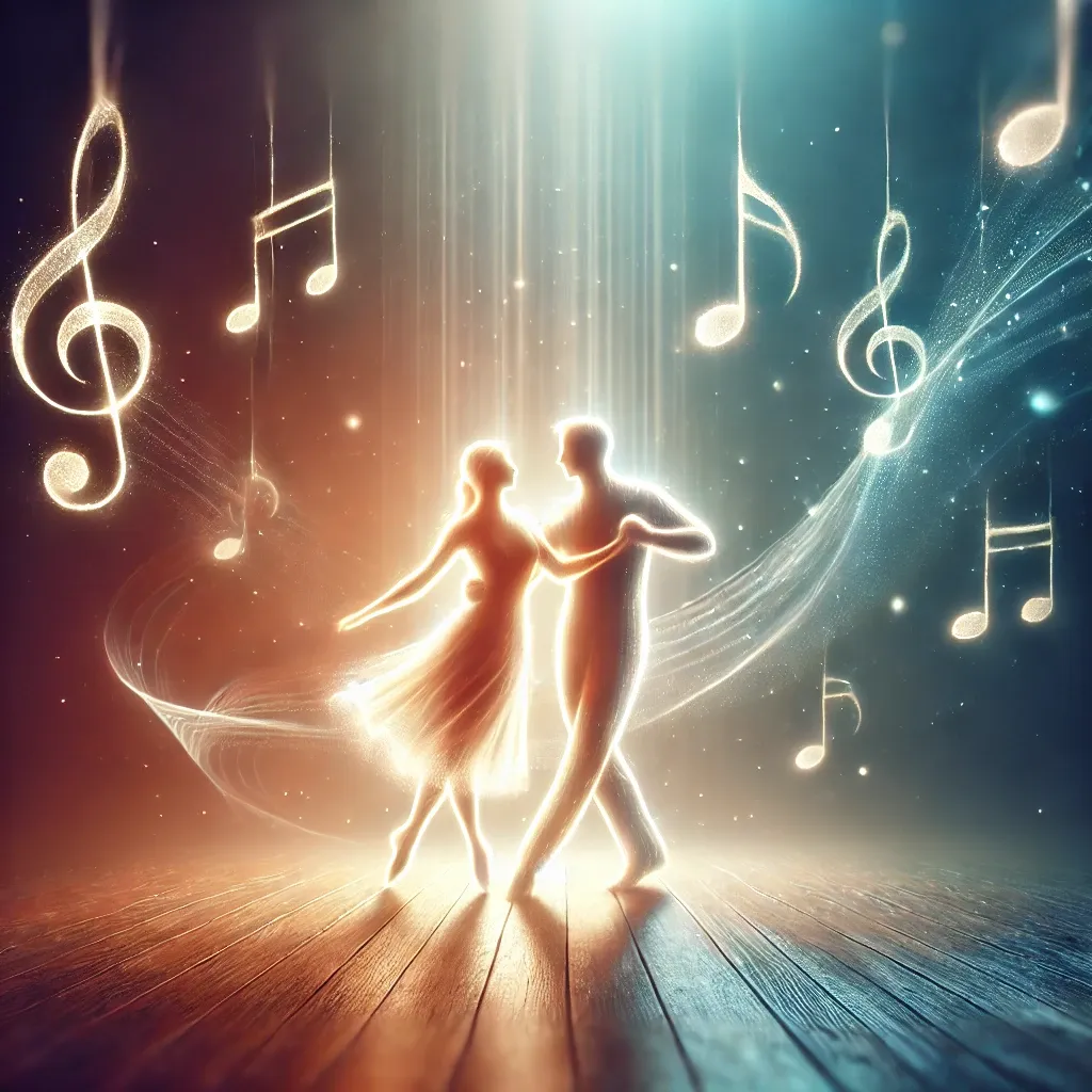 DALL·E 2025-01-11 17.15.59 - An elegant illustration of two people dancing together on a softly illuminated dance floor. Each dancer has a glowing aura that represents their indiv.webp