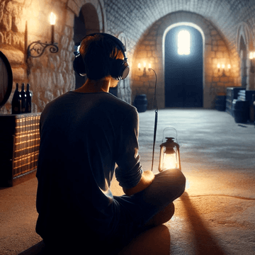 DALL·E 2024-01-20 15.59.59 - A person sitting in a dimly lit, spacious stone cellar of a castle, not a wine cellar, wearing headphones and appearing deeply focused on listening to.png