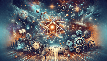 A visually captivating blog cover for a post inspired by Carlo Rovelli's 'Seven Brief Lessons on Physics'. The image should blend elements of quantum .png