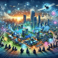 A futuristic digital landscape representing the new economy, with a central, vibrant cityscape composed of digital and traditional buildings interconn.png