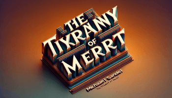  Enhance the previous image by adding the title 'Tyranny of Merit' in a prominent, 3D style font. The title should be clearly visible and placed in a w.png
