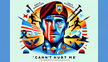 A blog cover image inspired by David Goggins' 'Can't Hurt Me'. The image features symbolic elements of Goggins' journey_ military insignia, running tr.png