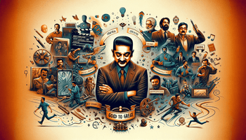 a blog cover image for the theme '@iKamalHaasan & HeyRam - Good to Great'. The image should capture the essence of Kamal Haasan's journey in ci.png