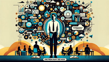  a blog cover image for the theme 'One from Many by Dee Hock'. The image should encapsulate the profound ideas and visionary concepts presented .png