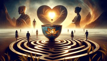 A cinematic blog cover image depicting the journey of love and personal growth. The image includes a heart-shaped labyrinth symbolizing the complex pa.png
