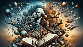 A conceptual and sophisticated digital artwork representing the key themes of Adam Smith's philosophies. The image should include a symbolic represent.png