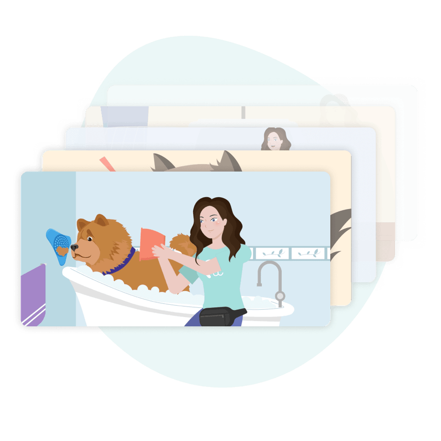 Cartoon illustration of pet parent washing their dog in a bathtub.