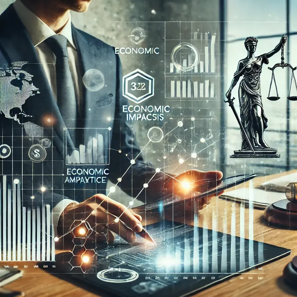 DALL·E 2024-12-21 07.30.11 - An illustration showcasing the optimization of legal practice through economic impact analysis. The image features a modern law office with a desk dis.webp