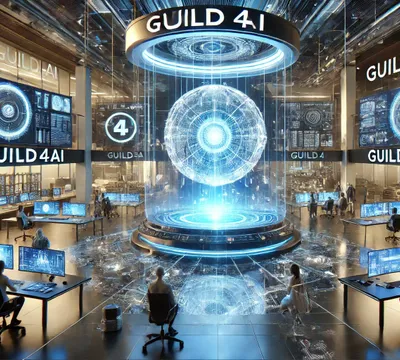 DALL·E 2024-10-26 17.40.26 - A futuristic scene in a high-tech studio of innovation for GUILD4AI. The setting features a sleek, modern workspace with advanced AI assistants collab.webp