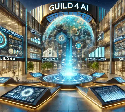DALL·E 2024-10-26 17.54.06 - A futuristic scene depicting a commercial opportunity hub powered by AI for GUILD4AI. The plaza has sleek, high-tech architecture with a large transpa.webp