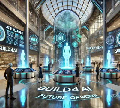 DALL·E 2024-10-26 17.29.08 - A futuristic scene in a high-tech plaza focused on AI-powered employment for GUILD4AI. The setting has sleek architecture and holographic displays sho.webp
