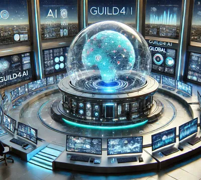 DALL·E 2024-10-26 17.46.06 - A futuristic scene depicting an AI observatory for GUILD4AI. The setting features a sleek, high-tech observatory building with a large, transparent do.webp