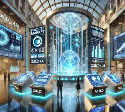 DALL·E 2024-10-26 17.27.01 - A futuristic scene in a high-tech plaza representing an investment hub powered by AI for GUILD4AI. The plaza has sleek architecture with holographic d.webp