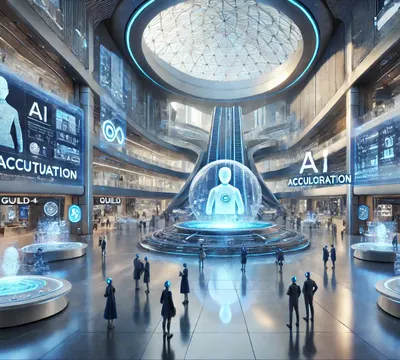 DALL·E 2024-10-26 17.38.02 - A futuristic scene in a high-tech plaza for AI acculturation, created by GUILD4AI, with a predominantly blue color theme. The setting features sleek, .webp